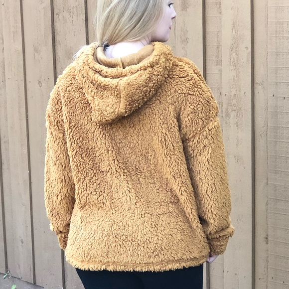 S-2X Faux Fur Drawstring Hoodie Mustard Color - Picture 5 of 5